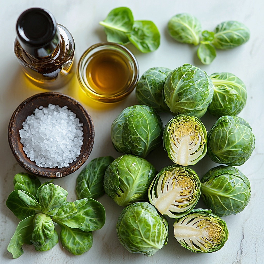10 - A clean white surface with fresh green Brussels sprouts whole and halved, glistening olive oil in a small glass bowl, a dark glossy bottle of balsamic vinegar with a rich deep brown hue, and a small rustic bowl of coarse sea salt crystals. The ingredients are neatly arranged in a balanced circle, highlighting contrasting textures: the smooth shiny oil, rough salt grains, vibrant matte sprouts with delicate leaves visible. Soft natural lighting creates gentle shadows, emphasizing freshness and inviting warmth. Minimalist styling with a crisp, bright, and airy feel. Overhead shot, top down view, flat lay photography, professional food styling --ar 1:1 --q 2 --s 750 --v 6.1