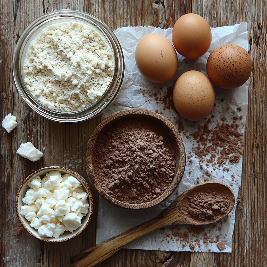 11 - Cocoa powder in a small rustic bowl with a fine dusting spilled beside it, a glass jar of creamy golden tahini with a wooden spoon resting on the rim, a vintage white ceramic bowl filled with granulated white sugar, two fresh brown eggs positioned next to a small mound of pale beige flour spread lightly on parchment paper. All ingredients arranged neatly in a balanced circle on a clean light wood surface, natural soft daylight creating gentle shadows, highlighting the rich earthy tones and varied textures—powdery cocoa, glossy tahini, crystalline sugar, smooth eggshells, and powdery flour. Overhead shot, top down view, flat lay photography, professional food styling --ar 1:1 --q 2 --s 750 --v 6.1