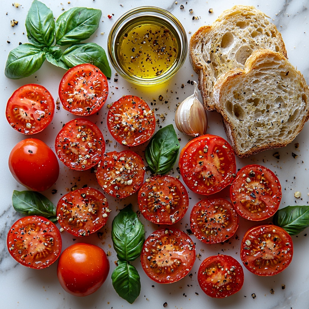 12 - A flat lay arrangement of fresh ingredients for Italian tomato bruschetta on a clean white marble surface. Bright ripe red tomatoes, some whole and some halved showing juicy flesh and seeds, scattered naturally with a few loose tomato leaves nearby. Whole garlic bulbs and peeled cloves with papery skins adding texture. Fresh green basil leaves with vibrant color and slight shine placed artfully around. Small glass bowl of golden olive oil with a subtle glisten reflecting light. Rustic toasted bread slices with crisp golden crust and airy crumb arranged neatly in the corner. Soft natural lighting highlighting the vivid colors and contrasting textures, minimal shadows, clean and inviting composition, overhead shot, top down view, flat lay photography, professional food styling --ar 1:1 --q 2 --s 750 --v 6.1