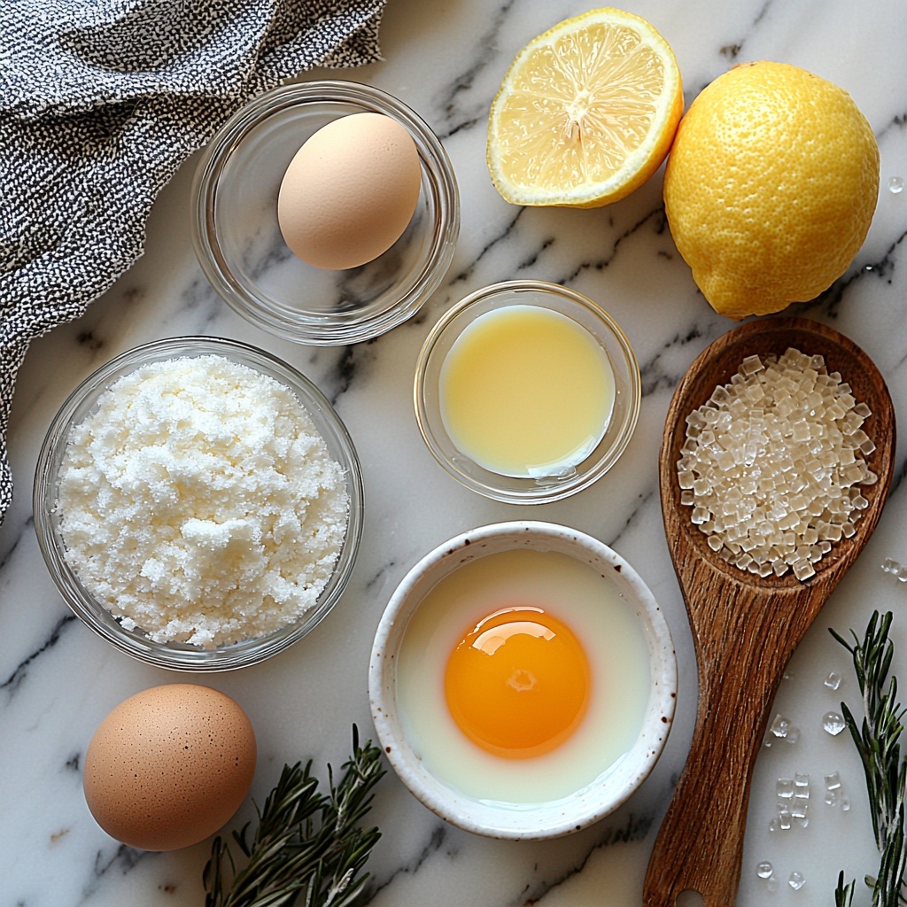 2- a clean white marble surface with the following ingredients arranged neatly in a visually pleasing flat lay: two tablespoons of granulated white sugar in a small glass bowl showing sparkling crystals, half a tablespoon of clear water in a tiny glass container, a fresh whole egg and a separate egg yolk in a small white ceramic ramekin highlighting the rich orange yolk, a measuring cup with 0.7 cups (170ml) of creamy full cream milk with a slight reflection on the surface, one and a half tablespoons of additional white sugar in a small wooden spoon, and a small wedge of bright yellow lemon or lime for juice. The layout emphasizes contrasting textures—the smooth milk, the granular sugar, the glossy egg yolk, and the fresh citrus- all spaced evenly with soft natural daylight casting gentle shadows. Minimal props like a linen napkin folded softly on the side and a rustic wooden board partially visible add warmth and depth. overhead shot, top down view, flat lay photography, professional food styling --ar 1:1 --q 2 --s 750 --v 6.1