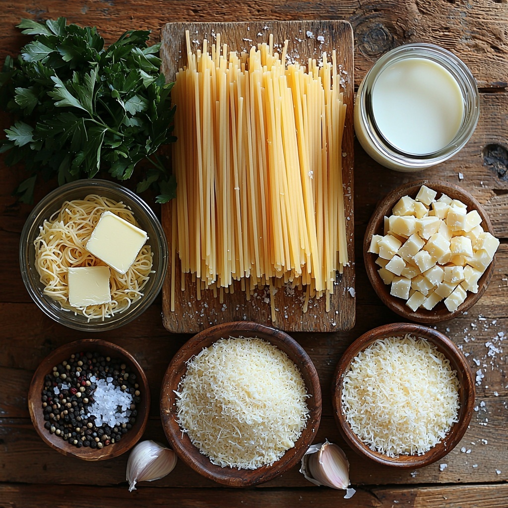 3- pasta (spaghetti, penne, or fusilli) scattered loosely in a small mound showing its dry, slightly glossy texture; three tablespoons of unsalted butter cut into neat cubes on a small white dish; four cloves of garlic, whole and finely minced garlic in a small rustic bowl, highlighting their fresh, pale ivory color and fine texture; a half cup of heavy cream or whole milk in a clear glass measuring cup, showing the smooth, creamy liquid; three-quarters cup of grated parmesan cheese piled delicately on a small wooden board, showcasing its crumbly, pale yellow texture; small bowls of coarse salt and cracked black pepper grains providing contrast with their crystalline and speckled textures; optional small bunch of fresh chopped parsley with vibrant, bright green leaves arranged next to the cheese for a pop of color — all elements placed neatly on a clean, light wooden surface with soft natural lighting creating gentle shadows and highlights, minimal props to maintain focus on the ingredients, styled for clarity and freshness, emphasizing warm, inviting tones overhead shot, top down view, flat lay photography, professional food styling --ar 1:1 --q 2 --s 750 --v 6.1