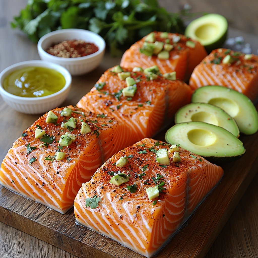 6- 4 fresh raw salmon fillets with rich orange-pink flesh, sprinkled with vibrant reddish-brown Cajun seasoning, arranged neatly in a row; small glass bowls containing deep red Cajun spice mix, golden olive oil with a subtle sheen; one ripe avocado cut into bright green diced cubes in a white ceramic bowl; whole fresh lime cut in half revealing juicy, glossy pale green interior alongside lime zest curls on a wooden board; small rustic bowl of coarse salt and freshly ground black pepper; a handful of bright green fresh cilantro leaves scattered artfully; all ingredients laid out on a clean, light wood surface that contrasts softly with the colors; natural daylight highlighting the textures—silky fish flesh, coarse spices, smooth avocado, zesty lime skin; minimal shadows, crisp focus, inviting and fresh aesthetic; overhead shot, top down view, flat lay photography, professional food styling --ar 1:1 --q 2 --s 750 --v 6.1