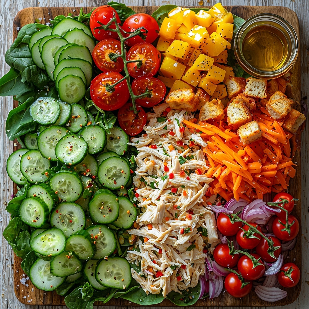 7- rotisserie chicken salad ingredients flat lay on a clean white wooden surface, vibrant fresh mixed greens and baby spinach arranged loosely in a pile, shredded rotisserie chicken pieces with a mix of white and dark meat, bright red halved cherry tomatoes scattered in a cluster, crisp pale green cucumber slices neatly fanned out, thin delicate rings of translucent red onion, small pile of shredded bright orange carrots, creamy pale green avocado slices layered artistically, golden crunchy croutons and toasted nuts scattered thoughtfully for texture, small glass bowl with glossy olive oil, fresh lemon, honey, and Dijon mustard dressing ingredients nearby, subtle salt and black pepper sprinkled for visual interest, natural soft daylight highlighting fresh colors and varied textures, minimal shadows, styled with natural linen napkin and wooden utensils partially visible at edges, overhead shot, top down view, flat lay photography, professional food styling --ar 1:1 --q 2 --s 750 --v 6.1