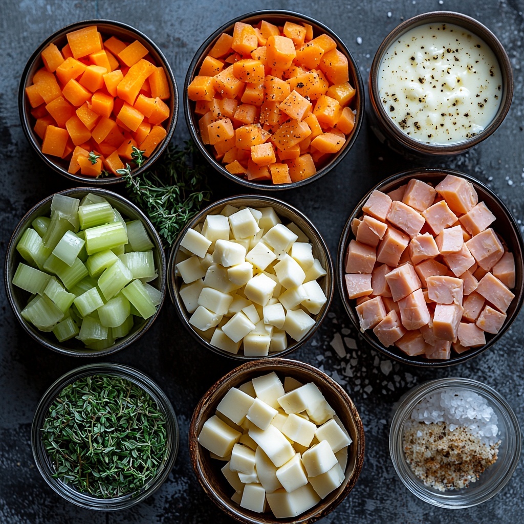 8- white and yellow diced onions in a small bowl, peeled and diced bright orange carrot pieces scattered nearby, fresh pale green diced celery ribs arranged neatly, a small heap of minced garlic cloves on a white ceramic spoon, fresh green thyme sprigs fanned out elegantly, three open cans of creamy white cannellini beans with some beans spilling gently onto the surface, small bowl of cubed fully-cooked pink ham, a pat of golden butter next to a small dish of light olive oil, coarse sea salt and freshly ground black pepper in tiny rustic bowls, 1-inch cubed French bread pieces dusted lightly with parmesan cheese arranged in a small pile, the butter melted in a clear glass ramekin, teaspoon of garlic powder in a white ceramic spoon, all ingredients placed on a clean, neutral-colored matte surface with soft natural lighting enhancing the vibrant colors and varied textures, subtle shadows adding depth, minimalistic styling with slight rustic touch, focus on freshness and homeliness, overhead shot, top down view, flat lay photography, professional food styling --ar 1:1 --q 2 --s 750 --v 6.1