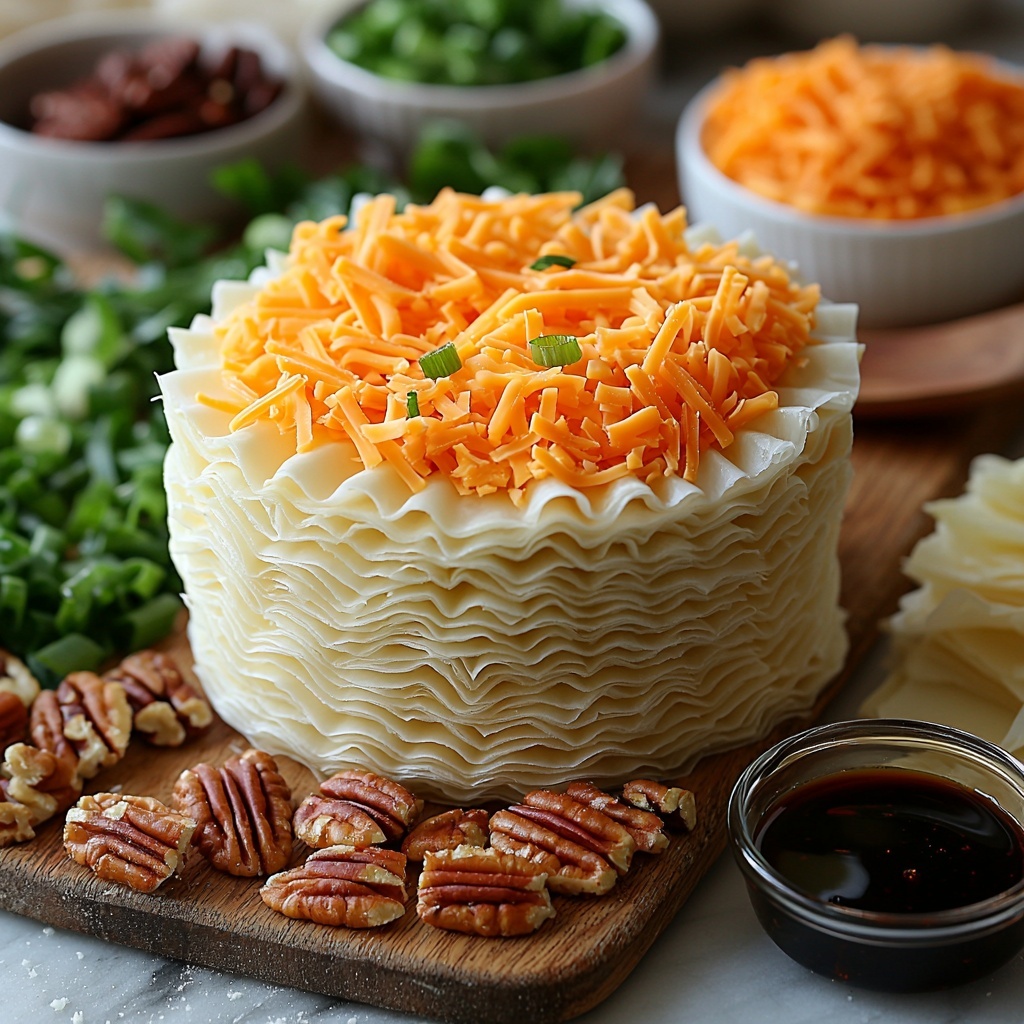 9- cream cheese in a small white bowl with smooth, creamy texture, shredded bright orange cheddar cheese loosely scattered nearby, finely chopped vibrant green onions arranged in a neat pile, roughly chopped toasted pecans with warm brown tones fanned out on a wooden board, a small glass bowl containing rich dark Worcestershire sauce reflecting soft light, a neat stack of golden mini phyllo pastry cups with delicate, flaky layers, all ingredients carefully spaced on a clean white marble surface with soft natural lighting casting gentle shadows, emphasizing contrasting colors and textures, minimalistic and elegant styling with subtle props like a wooden spoon and linen napkin for warmth, overhead shot, top down view, flat lay photography, professional food styling --ar 1:1 --q 2 --s 750 --v 6.1