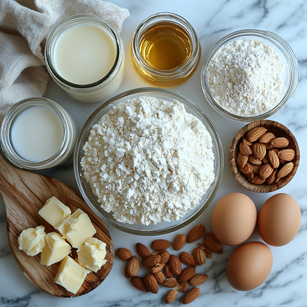 10- 3 cups sifted all-purpose flour in a clear glass bowl with soft powdery texture, ¼ cup granulated sugar in a small white ceramic dish sparkling under soft light, 1 packet active dry yeast in an open paper packet with fine granules spilling slightly, ¾ cup lukewarm whole milk in a clear measuring cup showing creamy pale color, ¼ cup unsalted butter softened and slightly melting on a rustic wooden butter board, 2 large fresh eggs with smooth brown shells resting beside the butter, ¼ teaspoon salt in a tiny white porcelain spoon, 2 tablespoons golden honey in a small glass jar glistening under natural light, ½ cup sliced almonds scattered artistically with their light tan, slightly curved shapes, 2 egg yolks in a small white bowl glowing with bright yellow richness, ¼ cup granulated sugar for custard filling in another small dish mirroring the first sugar, 2 cups whole milk for custard filling in a larger glass jug with creamy texture, 2 tablespoons glossy white cornstarch in a clear glass container, 2 teaspoons vanilla extract in a small amber bottle with a delicate label; all ingredients arranged neatly on a smooth light marble surface with soft natural daylight casting gentle shadows, styled with minimal rustic props including a wooden spoon and linen napkin to complement the warm tones and textures; detailed high-resolution, overhead shot, top down view, flat lay photography, professional food styling --ar 1:1 --q 2 --s 750 --v 6.1