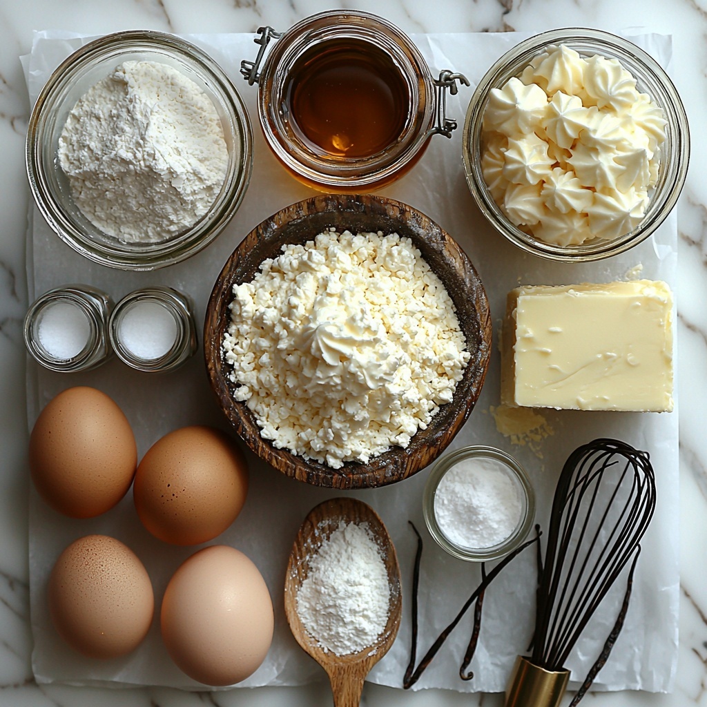 12- vanilla bean crème brûlée cheesecake cupcake ingredients arranged neatly on a clean white marble surface: a small mound of all-purpose flour in a rustic ceramic bowl, granulated sugar sparkling in a clear glass jar, a tiny pile of white powdered sugar on a wooden spoon, a small dish of pale yellow softened unsalted butter with a creamy texture, two large brown eggs whole with smooth shells, a glass bowl of thick sour cream glistening softly, an 8 oz block of cream cheese with a slight sheen on parchment, a small bowl of golden vanilla bean paste showing tiny vanilla specks, measuring spoons with baking powder and salt powders dusted lightly nearby, a small clear bottle of vanilla extract with amber liquid inside. The ingredients are spaced evenly with natural light highlighting soft shadows and subtle textures, with a few vanilla beans and a metal whisk casually placed for styling. fresh, clean, warm neutral tones, overhead shot, top down view, flat lay photography, professional food styling --ar 1:1 --q 2 --s 750 --v 6.1