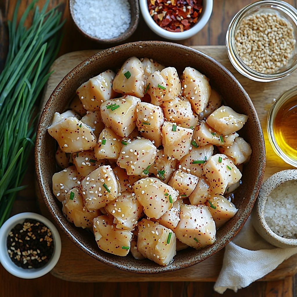 1- boneless skinless chicken thighs cut into bite-sized pieces arranged in a small rustic ceramic bowl, a small glass bowl of golden honey with smooth, glossy texture, a small dish of dark soy sauce with rich deep brown color, a clear glass bowl of amber apple cider vinegar, a small white ramekin filled with glossy olive oil, piles of fine garlic powder and onion powder each in tiny white porcelain spoons, scattered coarse black peppercorns and crushed vibrant red pepper flakes on a wooden board, a small pinch of sea salt crystals in a minimalist ceramic dish, fresh chopped green onions with bright green and white hues neatly placed on a wooden surface, a small bowl of toasted sesame seeds with a light tan color, all ingredients arranged neatly and spaced on a clean light wood surface with soft natural lighting highlighting subtle shadows and textures, styled with a few fresh green leaves and neutral linen napkin for warmth and balance, overhead shot, top down view, flat lay photography, professional food styling --ar 1:1 --q 2 --s 750 --v 6.1