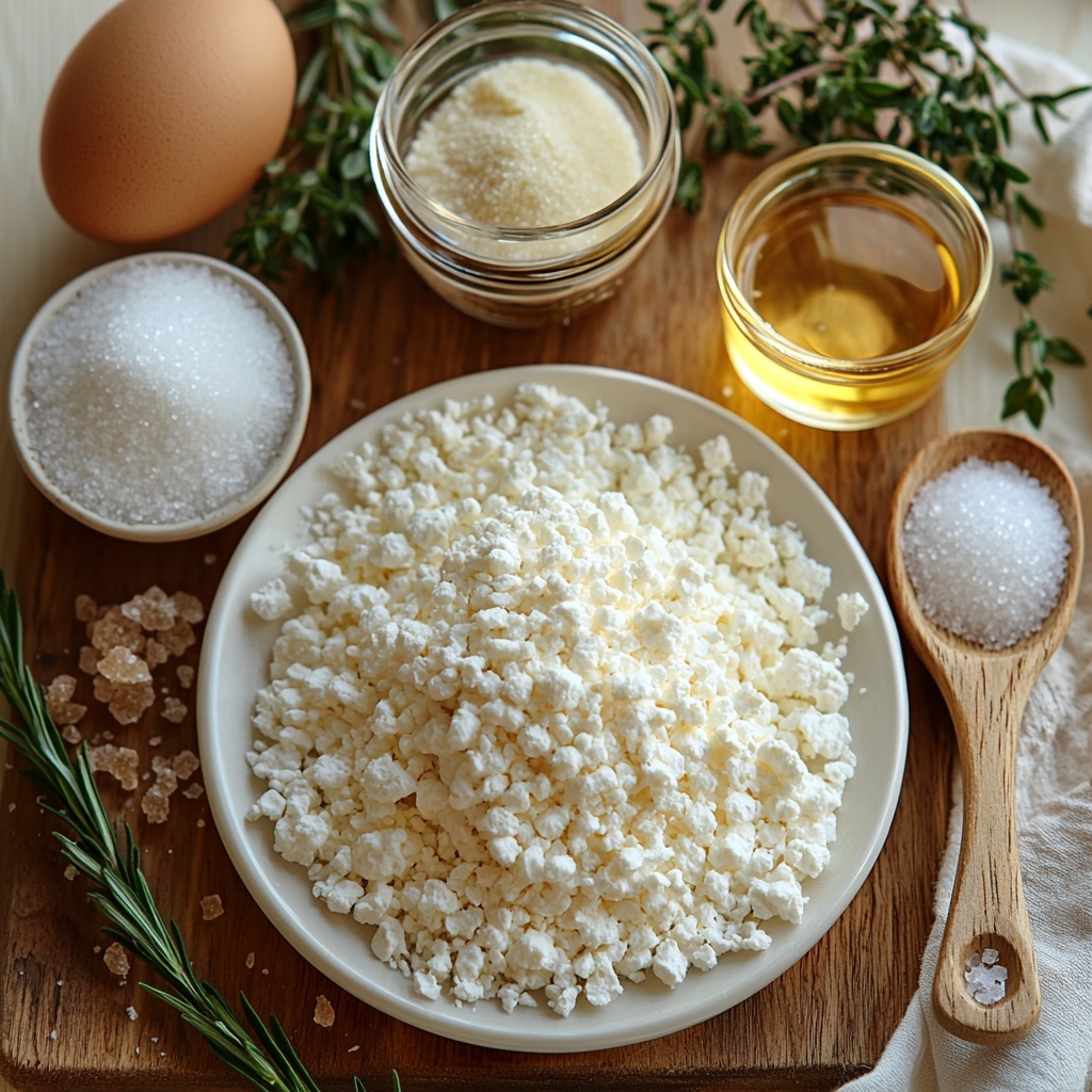 5- 4 large fresh egg whites in a small clear glass bowl, fine white granulated sugar poured gently into a neat pile on a white ceramic plate, a small heap of fine white cream of tartar powder on a light wooden spoon, a tiny glass bowl with pale golden pure vanilla extract, a small pinch of fine sea salt crystals scattered delicately on the clean surface, optional small glass bowls containing light amber almond extract and pale yellow lemon juice, all ingredients carefully spaced on a smooth matte pale cream background, natural soft daylight illuminating the subtle translucent gloss of the egg whites and the sparkling grains of sugar, minimal shadows for a clean and airy feel, a few delicate sprigs of fresh green herbs subtly placed to add a touch of color and freshness, overhead shot, top down view, flat lay photography, professional food styling --ar 1:1 --q 2 --s 750 --v 6.1