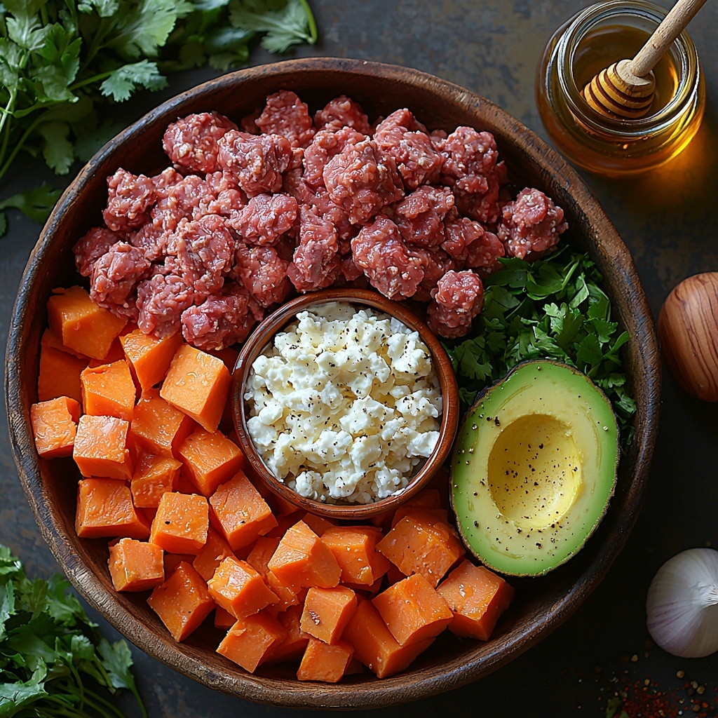 6- a clean, bright surface with neatly arranged main ingredients for a Ground Beef Hot Honey Bowl: raw lean ground beef in a small rustic bowl showing its rich, deep red color and coarse texture; two medium sweet potatoes, one whole and one peeled and diced into vibrant orange cubes scattered casually nearby; a ripe avocado sliced open displaying its creamy green flesh and dark brown seed; a small bowl of smooth, white cottage cheese with a slightly lumpy texture; a yellow onion diced finely with glossy pieces arranged in a small heap; a small glass container of golden olive oil reflecting light; a colorful taco seasoning packet alongside small piles of spices—paprika powder in deep red, garlic powder in pale beige, cinnamon in warm brown, and a pinch of salt and pepper in tiny white and black specks; a small jar of amber hot honey with a wooden honey dipper resting beside it, the honey glistening; all ingredients spaced thoughtfully to show contrast in colors and textures, styled with natural light casting soft shadows, minimal props, focusing on freshness and rustic charm, overhead shot, top down view, flat lay photography, professional food styling --ar 1:1 --q 2 --s 750 --v 6.1