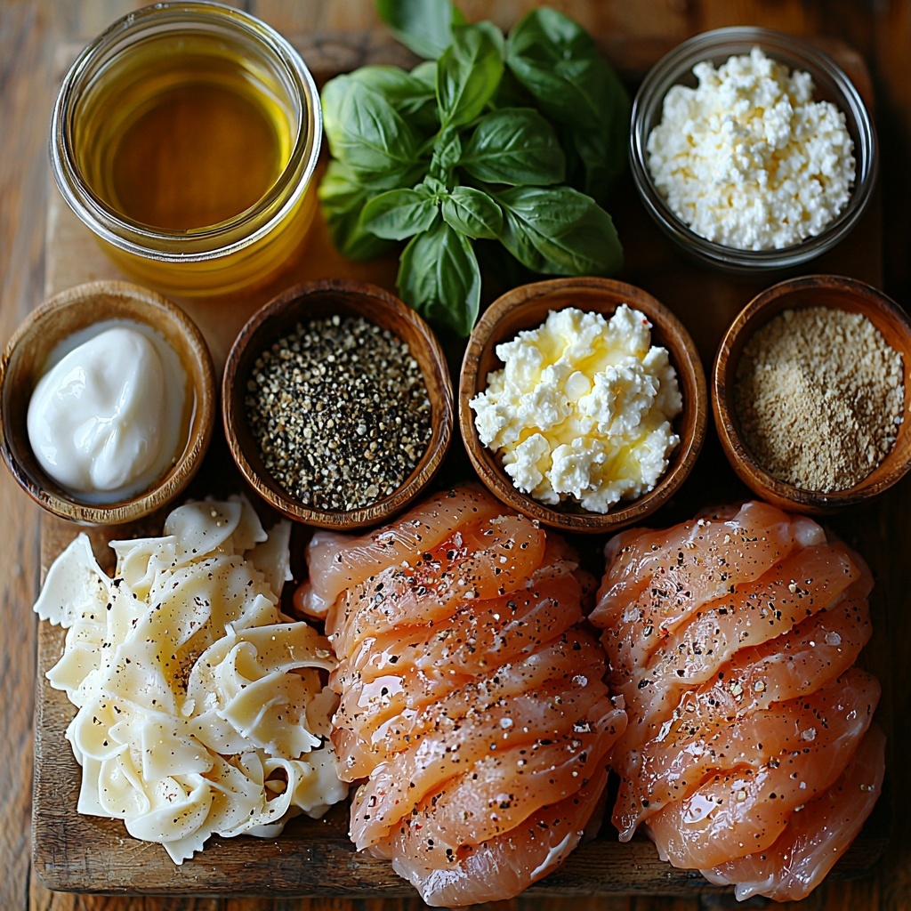 8- chicken breast raw, seasoned with salt, black pepper, and garlic powder, fresh and plump, uncooked; small bowls containing salt, black pepper, garlic powder, Italian seasoning, and a pinch of nutmeg, neatly arranged; a glistening small bowl of oil with a golden hue; uncooked dry pasta neatly coiled or loosely scattered; a glass measuring cup with creamy milk; a rustic bowl of white, textured cottage cheese; a small bowl with grated Parmesan cheese, finely shredded; a small bowl with cornstarch powder, bright white and powdery; a small clear dish with lemon juice, pale yellow and glossy; all ingredients arranged symmetrically on a clean, light wooden surface with natural light casting soft shadows, minimalistic styling with a hint of rustic charm, textures emphasizing creaminess, dryness, and freshness, pops of white, beige, and warm yellows, subtle herb leaves scattered for color contrast, overhead shot, top down view, flat lay photography, professional food styling --ar 1:1 --q 2 --s 750 --v 6.1