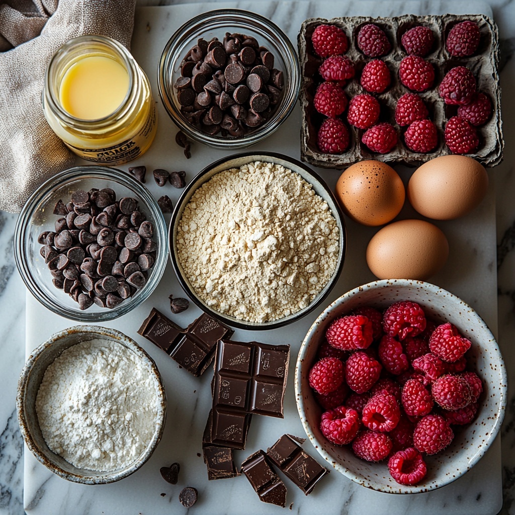 9- a clean white marble surface neatly arranged with baking ingredients for raspberry chocolate bars: a small glass bowl of all-purpose flour showing fine white powder texture, an open jar of deep reddish-brown unsweetened cocoa powder with a slight dusting around it, a tiny ceramic bowl holding pale beige baking powder, a pinch bowl of fine white salt crystals, a small glass measuring cup filled with melted golden butter shimmering under soft light, a rustic ceramic bowl overflowing with sparkling white granulated sugar, two large fresh eggs with smooth brown shells placed beside a small glass bottle of clear vanilla extract, a delicate white dish showcasing a handful of vibrant fresh red raspberries with their natural matte finish, and a small glass bowl filled with glossy semi-sweet chocolate chips arranged in a neat pile. The ingredients are spaced evenly on the textured surface with natural light casting soft shadows, styled with a linen napkin folded gently on the side, a minimalistic wooden spoon nearby, color contrasts emphasizing rich reds, browns, and creamy whites, creating a warm inviting atmosphere perfect for baking. overhead shot, top down view, flat lay photography, professional food styling --ar 1:1 --q 2 --s 750 --v 6.1