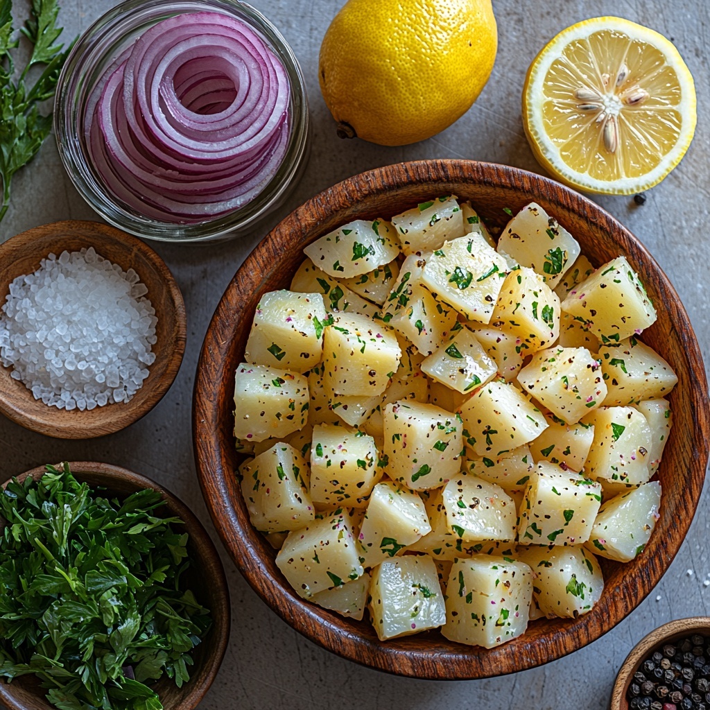 10- A clean, bright flat lay arrangement of ingredients for Turkish potato salad on a smooth white surface: a rustic wooden bowl filled with golden, diced boiled potatoes showing soft, tender texture; thinly sliced vibrant deep purple-red rings of red onion neatly fanned beside the bowl; a small bunch of fresh, bright green parsley leaves finely chopped in a glass ramekin; a smaller ramekin with finely chopped mint leaves in a slightly lighter green shade; crisp, fresh green onions sliced into thin rounds scattered artfully; a small glass jar of rich, golden extra virgin olive oil with a subtle sheen; a halved lemon showing juicy, bright yellow flesh placed close by; a rustic ceramic dish with fine white salt crystals; a small bowl with coarsely ground black pepper; and a small wooden spoon holding deep reddish-purple sumac powder, its texture vibrant and fine. The scene is lit softly with natural daylight creating gentle shadows, emphasizing freshness and vivid colors, arranged with balanced spacing and harmony to create an inviting, clean, and fresh Mediterranean vibe. Overhead shot, top down view, flat lay photography, professional food styling --ar 1:1 --q 2 --s 750 --v 6.1