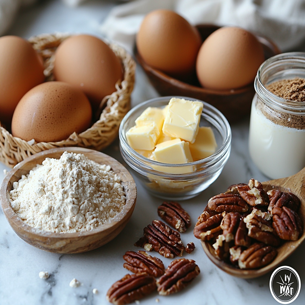 1- A flat lay of the main ingredients for sticky buns artfully arranged on a clean white marble surface. Three large brown eggs nestled in a small natural woven basket. A small glass bowl filled with light brown sugar, showing its packed, moist texture. A clear liquid measuring cup partially filled with creamy buttermilk, beside a small white dish of kosher salt crystals. A small pile of golden melted butter glistening on a white ceramic spoon. A neat mound of pale off-white all-purpose flour dusted lightly around the bowls to add softness and texture. Toasted pecans, coarsely chopped, placed in a rustic wooden bowl showcasing their rich brown color and rough texture. A small open jar with ground cinnamon and nutmeg spilling slightly onto the surface, creating warm reddish and brown powder tones. The arrangement is balanced and spaced evenly with natural light casting soft shadows, emphasizing the varied textures—smooth, coarse, powdery, and glossy. The entire composition evokes warmth and rustic charm with hints of autumnal colors and cozy baking vibes. overhead shot, top down view, flat lay photography, professional food styling --ar 1:1 --q 2 --s 750 --v 6.1
