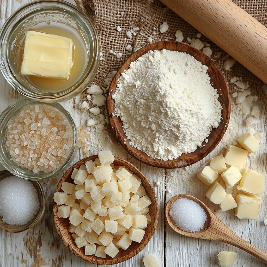 2- Instant yeast packet with loose granules spilled beside it, a small wooden spoon holding brown sugar crystals, a glass measuring cup filled with warm water reflecting soft light, a small bowl of melted golden butter with a butter knife resting nearby, a ceramic dish with fine white salt, a large mound of all-purpose flour softly spilled onto a rustic white surface with some flour dusted around, a small pile of coarse salt crystals shining under the light, a half-full measuring cup of white baking soda powder, and a clear glass bowl filled with crystal-clear water—all neatly arranged in a balanced composition on a clean, textured white wooden table. Natural light casting gentle shadows, soft focus on background, sharp details highlighting contrasting textures of powdery flour, crystalline salts, and smooth liquids. Neutral-toned linen napkin and a wooden rolling pin subtly placed at edges to complement the scene. Overhead shot, top down view, flat lay photography, professional food styling --ar 1:1 --q 2 --s 750 --v 6.1