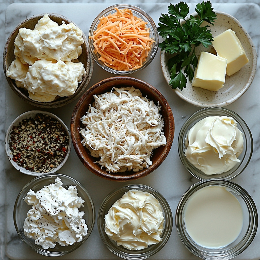 3- A clean white marble surface neatly arranged with the main ingredients for Chicken Bubble Biscuit Casserole: a rustic bowl filled with shredded cooked chicken showing tender white and golden brown textures; a glossy can of cream of chicken soup with smooth, creamy texture visible near the opening; a small glass bowl of thick, creamy sour cream gleaming softly; a clear measuring cup partially filled with milk, reflecting light subtly; two separate clear bowls holding shredded sharp cheddar cheese in vibrant orange-yellow hues; small vintage spoons holding garlic powder and onion powder, fine and pale beige in color; a small pile of coarse salt and cracked black peppercorns scattered lightly; a white plate with refrigerated biscuit dough cut into neat quarters, soft and pale with a slightly flaky surface; a small ramekin with melted golden butter shimmering; and a small bunch of fresh bright green parsley leaves adding a pop of color. The items are thoughtfully spaced to balance color and texture contrasts, enhanced by soft natural light creating gentle shadows. Overhead shot, top down view, flat lay photography, professional food styling --ar 1:1 --q 2 --s 750 --v 6.1