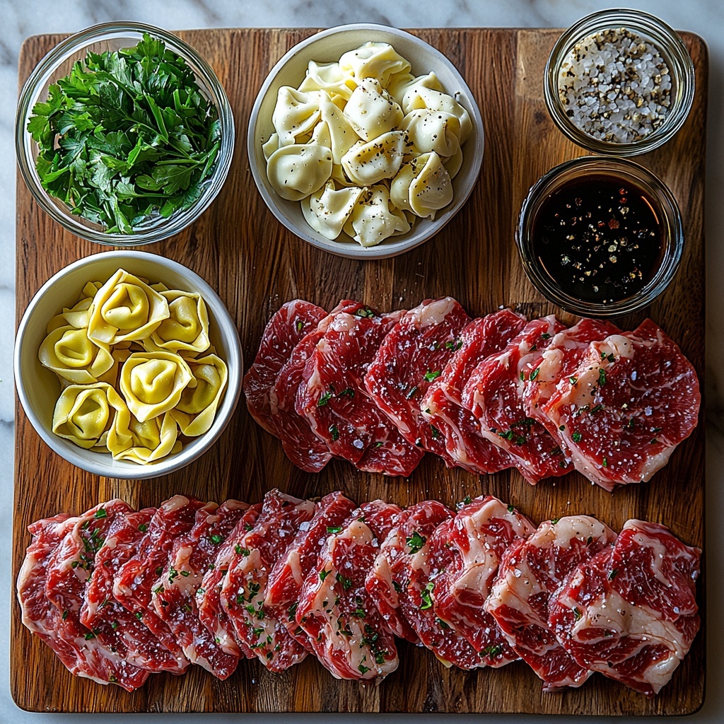 4- cheese tortellini in a small white bowl, thinly sliced ribeye steak fanned out on a wooden cutting board, sliced green bell pepper arranged in a neat pile showcasing vibrant green hues, thinly sliced translucent onion rings scattered loosely nearby, cloves of garlic whole and minced in a small rustic bowl, small glass bowl of golden olive oil with a slight shimmer, cup of rich beef broth in a clear measuring cup, heavy cream in a white ceramic jug, heaping pile of shredded provolone cheese with soft creamy texture on parchment paper, small dish of Worcestershire sauce dark and glossy, salt and pepper in elegant small bowls, fresh bright green parsley sprigs placed as garnish pieces, all ingredients arranged on a clean white marble surface with natural diffuse lighting highlighting textures and colors, subtle shadows for depth, minimalist and airy styling with slight rustic elements, overhead shot, top down view, flat lay photography, professional food styling --ar 1:1 --q 2 --s 750 --v 6.1