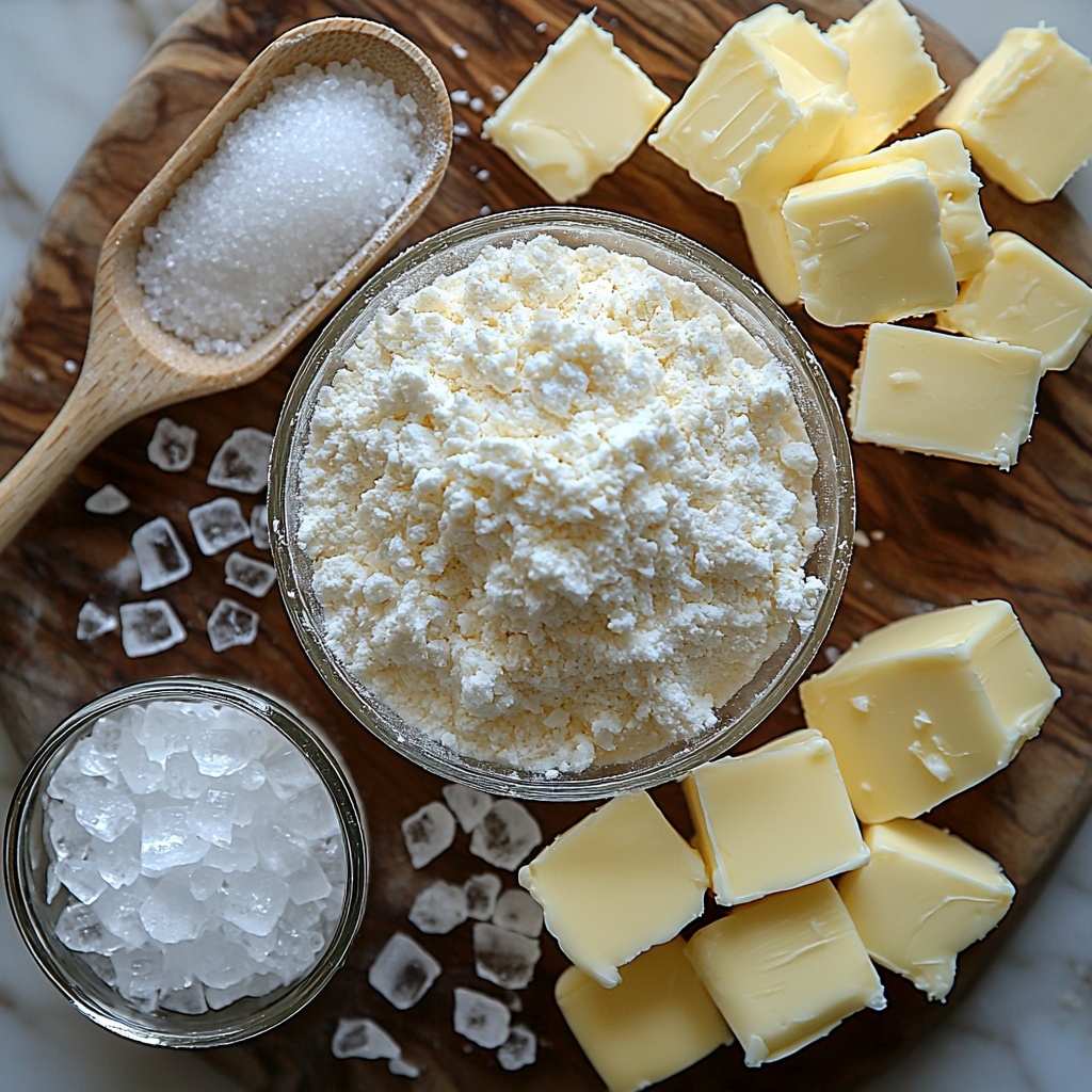 5- 2 1/2 cups of all-purpose flour in a small clear glass bowl, slightly spilled on a clean white marble surface, next to a small wooden scoop dusted with loose flour; 1/2 tablespoon granulated sugar in a delicate white ceramic dish showing crystal texture; 1/2 teaspoon coarse sea salt crystals scattered elegantly nearby; 1/2 pound of cold unsalted butter diced into precise 1/4-inch cubes on a rustic wooden board, showcasing the smooth pale yellow color with a slight sheen; 7 tablespoons of ice water held in a small clear glass measuring cup with condensation droplets; a few ice cubes beside the cup to emphasize cold freshness; natural light illuminating the scene casting soft shadows; the ingredients arranged harmoniously in a loose semicircle with negative space for visual balance; subtle flour dusting across the surface adding texture and authenticity; neutral background to enhance the soft cream, white, and buttery yellow tones; overhead shot, top down view, flat lay photography, professional food styling --ar 1:1 --q 2 --s 750 --v 6.1