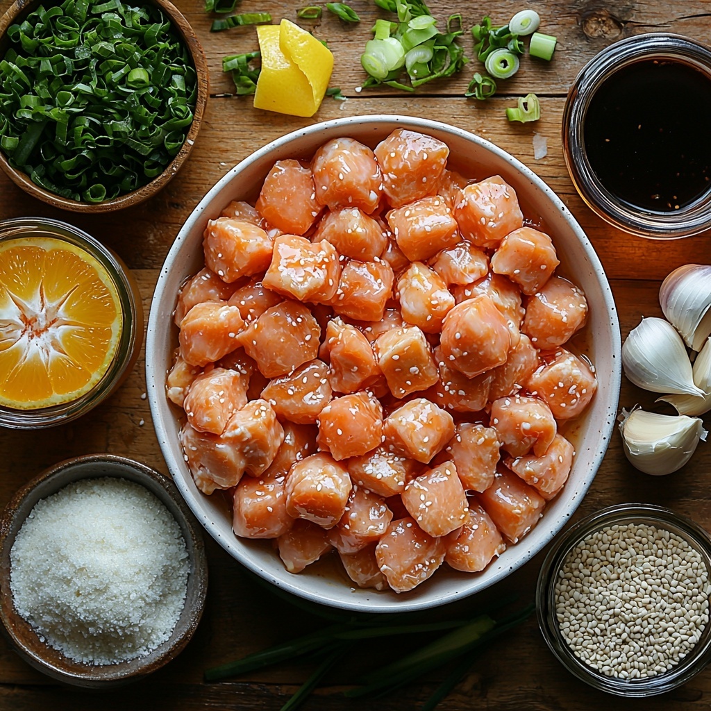 6- A clean, light wooden surface with all the main ingredients for easy orange chicken neatly arranged in an artful flat lay. Centered are bite-sized raw chicken pieces in a white ceramic bowl, surrounded clockwise by a small bowl of fine white all-purpose flour mixed with cornstarch, a small dish with beaten golden eggs, and a heap of bright orange fresh orange juice in a clear glass measuring cup. Nearby, a small ramekin holds vibrant orange zest, next to a dark soy sauce bowl with glossy, deep brown liquid. A small transparent bowl contains light amber brown sugar crystals, alongside a tiny dish of mild pale rice vinegar. Two garlic cloves with a papery white skin and a small fresh ginger root with sandy textured skin lie rustic and natural. A pinch of dark red crushed pepper flakes rests in a tiny dish, with ground black pepper and flaky sea salt neatly displayed in vintage spice jars. A small bowl of white, powdery cornstarch and a clear glass of water sit ready for the slurry. For garnish, scattered white sesame seeds and bright green sliced scallions arranged in a delicate, inviting pile. The composition balances earthy textures and vivid colors of orange, white, brown, and green, styled with natural light casting soft shadows, clean minimal props, and a crisp, airy atmosphere. Overhead shot, top down view, flat lay photography, professional food styling --ar 1:1 --q 2 --s 750 --v 6.1