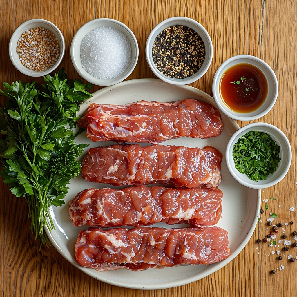 7- /Imagine prompt: A clean, light wooden surface with all ingredients for crockpot pork tenderloin arranged neatly in a flat lay style. Two raw pork tenderloins, pale pink with subtle marbling, placed side by side on a white ceramic plate. Small glass bowls nearby contain finely minced garlic with a slightly rough texture, coarse brown sugar with crystalline granules, dark, glossy BBQ sauce, deep amber soy sauce, and rich beef broth with a smooth surface. Tiny white porcelain spoons hold precise amounts of salt, black pepper, cayenne pepper, and dried parsley flakes, each showcasing their distinct textures and colors: white, black specks, warm red, and green flecks. A small pile of translucent white cornstarch powder adds softness to the composition. Fresh chopped parsley leaves in a small white ramekin add a vibrant green contrast. The arrangement is balanced with negative space and soft natural lighting highlighting the varied textures and colors, styled for a cozy, inviting kitchen scene. overhead shot, top down view, flat lay photography, professional food styling --ar 1:1 --q 2 --s 750 --v 6.1