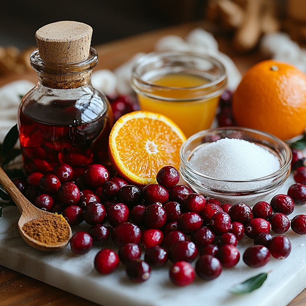 8- fresh cranberries, granulated sugar in a small glass bowl, a clear glass measuring cup with bright orange juice, a small bowl of water, a wooden spoon holding fresh orange zest, ground cinnamon and nutmeg in tiny white ceramic spoons, a small bottle of vanilla extract with a cork stopper, a small jar of golden maple syrup, all ingredients neatly arranged on a clean white marble surface; vibrant red cranberries clustered naturally with some scattered loosely, contrasting textures of smooth liquids and fine powders artfully balanced; natural soft lighting emphasizing the glossiness of cranberries and translucence of liquids; minimal shadows and gentle highlights for depth, subtle rustic props like a linen napkin and wooden board edges visible for warmth, clean and airy composition with space between elements for clear visibility and harmony, overhead shot, top down view, flat lay photography, professional food styling --ar 1:1 --q 2 --s 750 --v 6.1