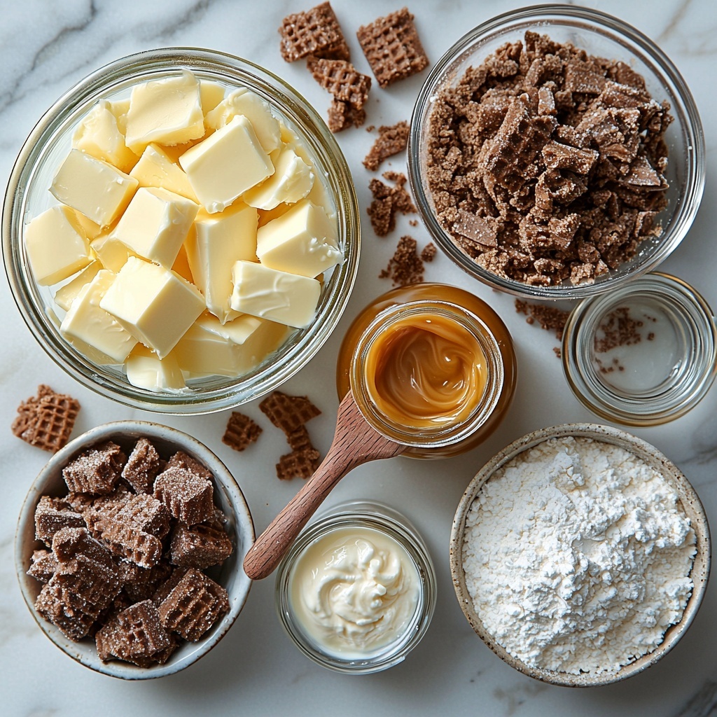 9- butter in a small glass bowl showing its creamy pale yellow texture, a wooden spoon resting beside it; a rustic ceramic bowl filled with rich dark brown sugar crystals, some scattered lightly on the clean white surface; a clear measuring cup with smooth, glossy milk reflecting light; an open jar of creamy Biscoff spread with visible swirls, the caramel color contrasting against the white background; a small glass dish holding amber vanilla extract, casting a warm glow; a large white mixing bowl filled with fluffy, fine powdered sugar, some dusted delicately around the bowl edges; all ingredients arranged neatly on a pristine white marble countertop with soft natural light highlighting their colors and textures, subtle shadows adding depth; minimal props, clean lines, and a modern aesthetic emphasizing freshness and warmth; overhead shot, top down view, flat lay photography, professional food styling --ar 1:1 --q 2 --s 750 --v 6.1