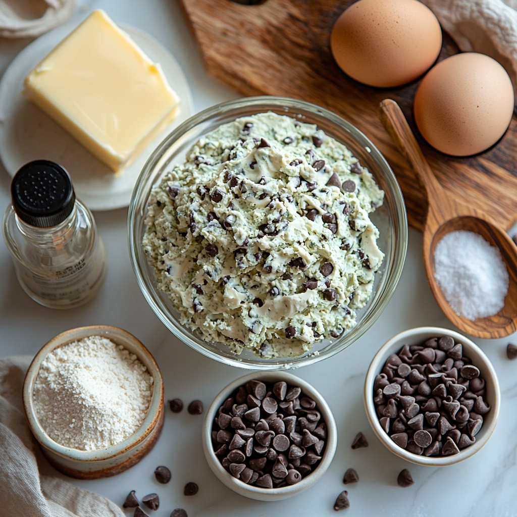 10- Green velvet brownie ingredients arranged on a clean white surface: a small glass bowl with semi-sweet chocolate chips, a chunk of golden yellow butter on a white ceramic plate, a clear glass bowl filled with white granulated sugar, four large brown eggs carefully placed next to each other, a small mound of pale beige all-purpose flour dusted lightly on parchment paper, a small bottle of vibrant emerald green liquid food coloring with a few drops spilled artistically nearby, a teaspoon of white baking powder in a tiny white porcelain dish, a vanilla bean pod and a small glass vial of vanilla extract, two small pinches of fine white salt in delicate ceramic spoons, a block of creamy softened cream cheese on a wooden board, softened butter curls on a white butter dish, and powdered sugar in a fine mesh sieve creating a light dusting on the surface — textures visible from smooth cream cheese, glossy melted chocolate, to powdery sugar and flour, colors ranging from rich chocolate brown, bright green, creamy whites, warm butter yellow, and natural egg browns, arranged neatly with natural daylight casting soft shadows, minimalistic props with light linen cloth and a rustic wooden spoon nearby, overhead shot, top down view, flat lay photography, professional food styling --ar 1:1 --q 2 --s 750 --v 6.1