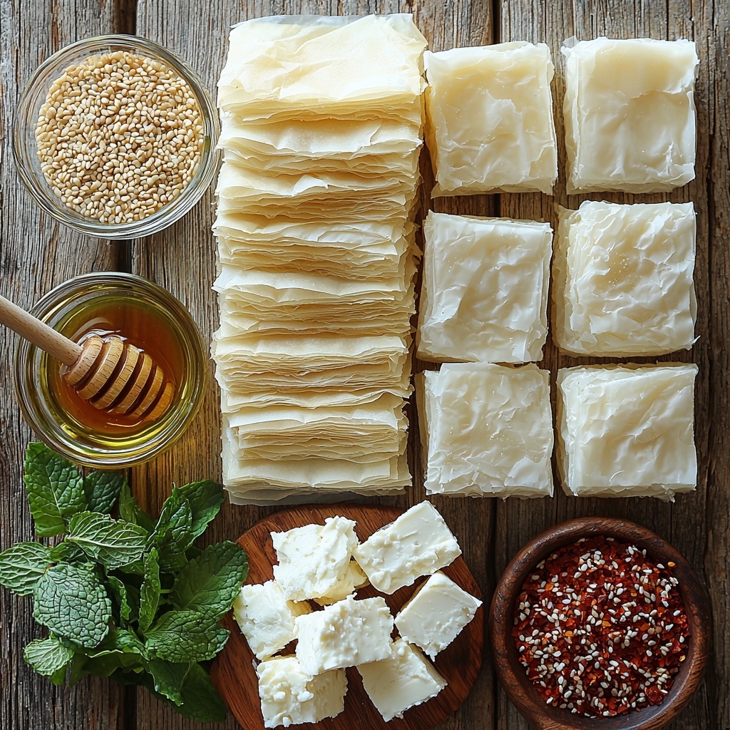 11- phyllo dough sheets spread out thinly, crisp pale golden layered texture; small blocks of creamy white feta cheese with crumbly texture stacked neatly; a small glass bowl of golden honey glistening with sticky smooth surface; a wooden spoon resting in a bowl of bright red chili flakes, fine powder texture; scattered toasted sesame seeds in warm beige tones with slight shine; fresh vibrant green mint leaves with natural veins and a slight curl arranged artistically; a small dish of rich golden olive oil with glossy reflective surface; all ingredients arranged separately but harmoniously on a clean white or light wooden surface, minimalistic styling, soft natural lighting enhancing textures and colors, slight shadows for depth, clean and inviting aesthetic overhead shot, top down view, flat lay photography, professional food styling --ar 1:1 --q 2 --s 750 --v 6.1