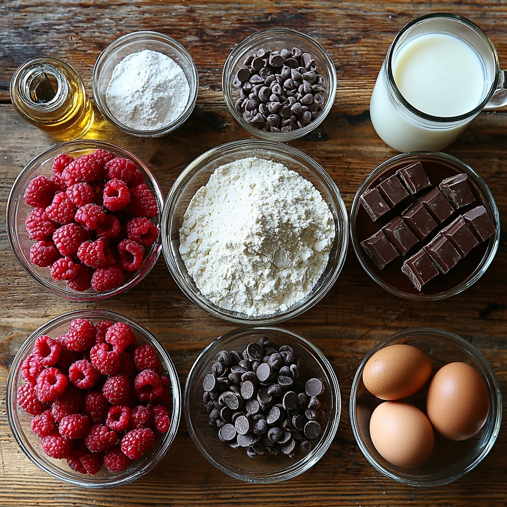 12- A clean, light wooden surface neatly arranged with all the main ingredients for a raspberry chocolate mousse cake: a bowl of smooth all-purpose flour in soft off-white tones, a small heap of rich dark unsweetened cocoa powder with velvety texture, a mound of sparkling white granulated sugar, small glass bowls with precise measurements of baking powder, baking soda, and fine salt, two glossy large brown eggs placed side by side, a clear glass of creamy whole milk, a small bottle of golden vegetable oil, a delicate glass vial of vanilla extract with amber liquid, a steaming cup of boiling water in a transparent mug. Nearby, two cups of bright fresh raspberries bursting with vibrant red color and tiny textured seeds, a neat pile of gelatin powder in fine translucent granules, a bowl of thick heavy cream with soft peaks hinting at its richness, a small bowl of smooth confectioners sugar, and a small bowl filled with shiny semi-sweet chocolate chips, dark glossy with subtle highlights. The ingredients are spaced with balanced negative space, styled with natural soft diffused daylight highlighting their colors and textures, creating an inviting and harmonious composition. Overhead shot, top down view, flat lay photography, professional food styling --ar 1:1 --q 2 --s 750 --v 6.1