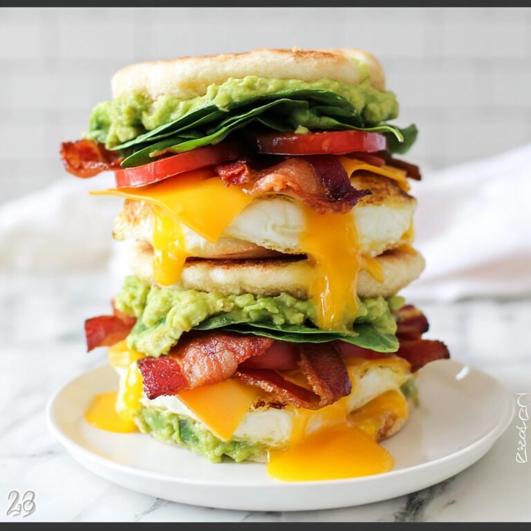 Loaded Breakfast Sandwiches with Eggs, Bacon, Cheese, Avocado, Spinach, and Tomato Recipe