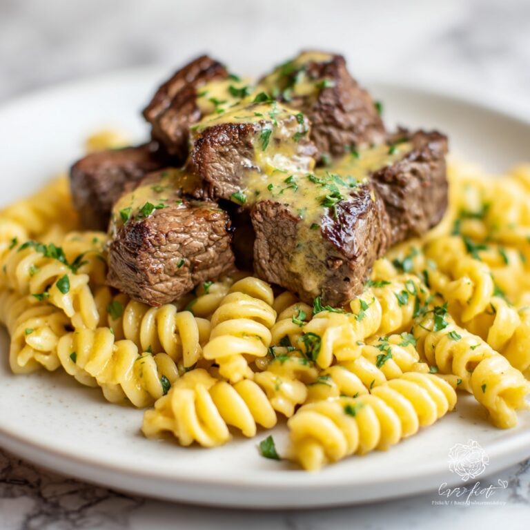 Steak Bites with Cheesy Garlic Parmesan Rotini Recipe
